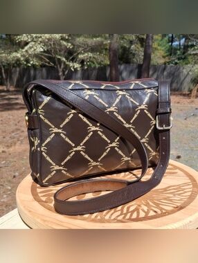 Vintage 80's Longchamp Brown Nappa Leather Lattice Logo Pattern Shoulder Bag